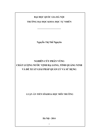 Luận án Nghiên cứu phân vùng chất lượng nước vịnh Hạ Long, tỉnh Quảng Ninh và đề xuất giải pháp quản lý và sử dụng