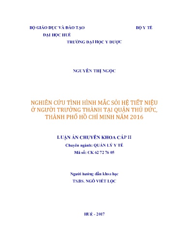 Luận án Nghiên cứu tình hình mắc sỏi hệ tiết niệu ở người trưởng thành tại Quận Thủ Đức, Thành phố Hồ Chí Minh năm 2016