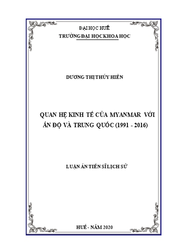 Luận án Quan hệ kinh tế của Myanmar với Ấn độ và Trung Quốc (1991-2016)