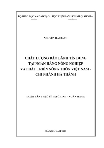 Luận văn Chất lượng bảo lãnh tín dụng tại Ngân hàng Nông nghiệp và Phát triển nông thôn Việt Nam - Chi nhánh Hà Thành
