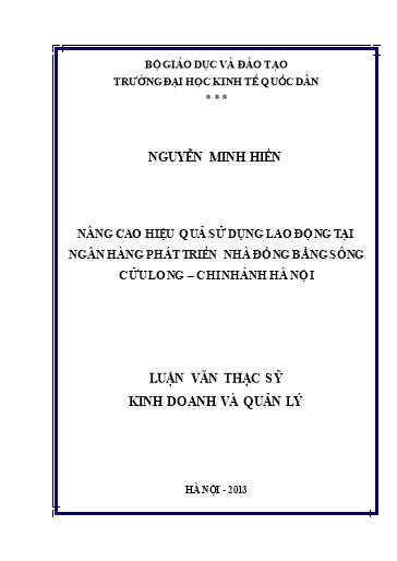 Luận văn Nâng cao hiệu quả sử dụng lao động tại ngân hàng phát triển nhà đồng bằng sông Cửu Long - Chi nhánh Hà Nội