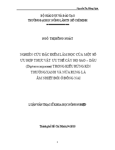 Luận văn Nghiên cứu đặc điểm lâm học của một số ưu hợp thực vật ưu thế cây họ sao – dầu (Dipterocarpaceae) trong kiểu rừng kín thường xanh và nửa rụng lá ẩm nhiệt đới ở Đồng Nai