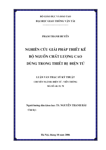 Luận văn Nghiên cứu giải pháp thiết kế bộ nguồn chất lượng cao dùng trong thiết bị điện tử