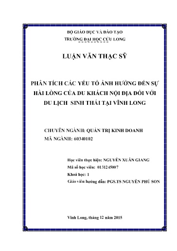 Luận văn Phân tích các yếu tố ảnh hưởng đến sự hài lõng của du khách nội địa đối với du lịch sinh thái tại Vĩnh Long