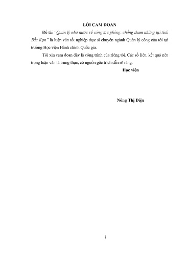 Luận văn Quản lý nhà nước về công tác phòng, chống tham nhũng tại tỉnh Bắc Kạn