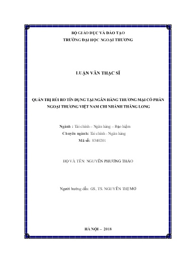 Luận văn Quản trị rủi ro tín dụng tại ngân hàng thương mại cổ phần ngoại thương Việt Nam chi nhánh Thăng Long