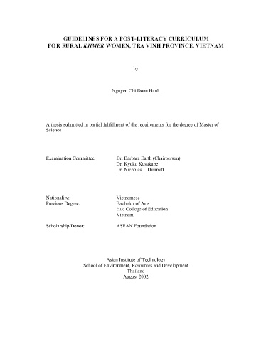Thesis Guidelines for a post-literacy curriculum for rural Khmer women, Tra Vinh province, VietNam